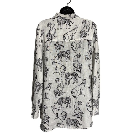 Cynthia Rowley 100% Linen Button-Up White Shirt With Black Animal Print - Picture 2 of 7